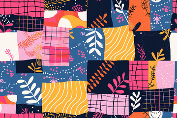 Hand-drawn botanical seamless pattern with vibrant colors and playful shapes