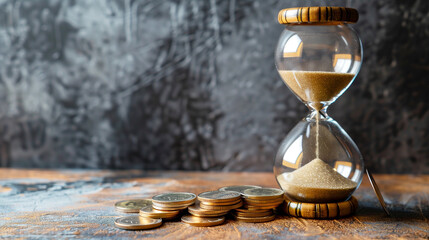 An hourglass with stacks of coins on a wooden table against a gray grunge wall. Copy space. The concept of time is money. - 791692020