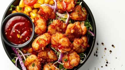 A bowl of shrimp and vegetables served with a side of ketchup. Perfect for food and restaurant concepts