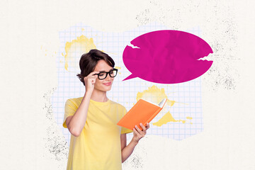 Photo image collage young clever woman nerd student message phrase communication phrase textbox...