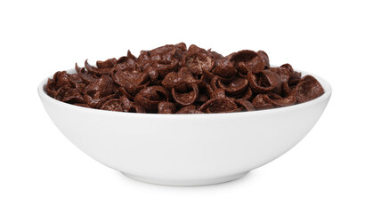 Breakfast cereal. Chocolate corn flakes in bowl isolated on white