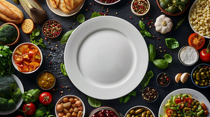 White ceramic plate surrounded by snacks, void, Variety of vegetarian meals make frame for empty...