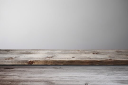 Gray background with a wooden table, product display template. gray background with a wood floor. Gray and white photo of an empty room