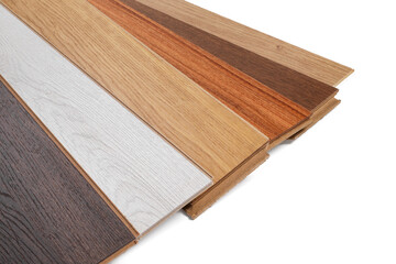 Different samples of wooden flooring isolated on white