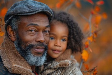 Gentle portrait of an older man with a beard cuddling a young girl, amidst orange autumn leaves - obrazy, fototapety, plakaty