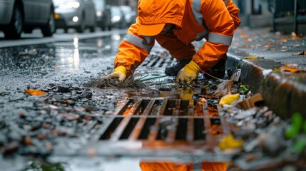 City maintenance worker clearing garbage from drainage grates