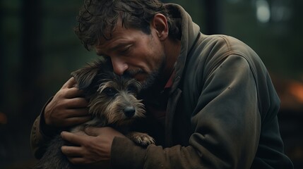 A young man hugging his faithful hairy dog - Owner love with his pet Concept