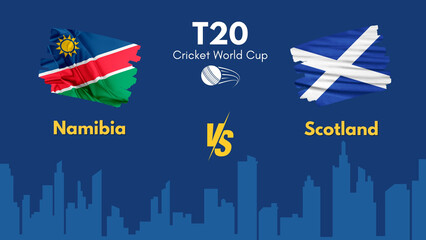 Namibia vs scotland flag, world map and building skyline use for t20 cricket world cup 2024 template banner design.