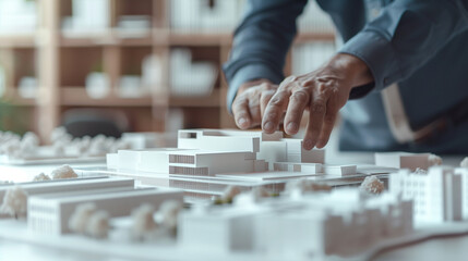 Architect designing modern structural building mockup with model on the engineering table project development Professional work space