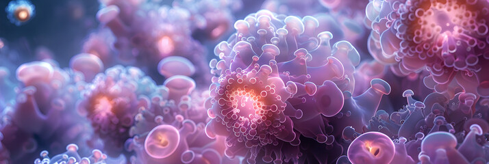 Purple Cells 3d image wallpaper,
Cells with nucleus on scientific X virus background in microscope lens
 - obrazy, fototapety, plakaty