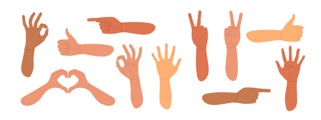 Various hand gestures. Non-verbal or manual communication. Set of hands in different gestures. Various hand signs. Human hands show signs. Vector flat illustration of hands in various situations