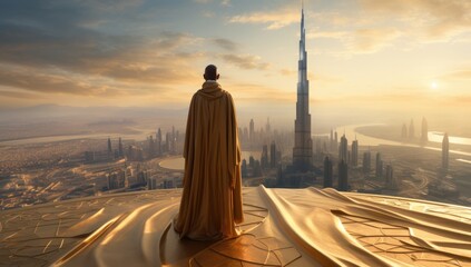 A man stands overlooking the city