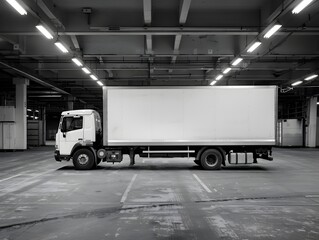 Solitary Truck Parked in Expansive Warehouse Capturing the Quiet Moments of Logistic Profession