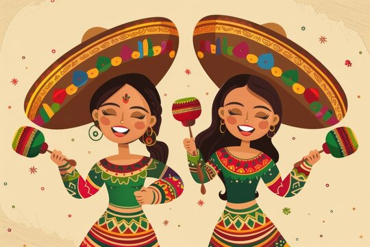 Two women with sombreros on their heads. Suitable for travel or fiesta themed designs