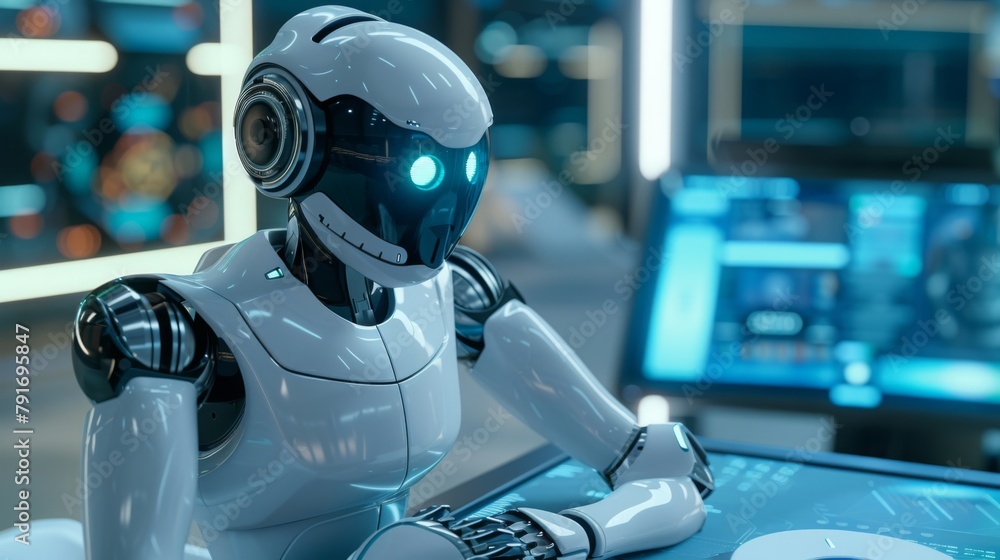 Aufkleber Futuristic Robot Interacting With High-Tech Console