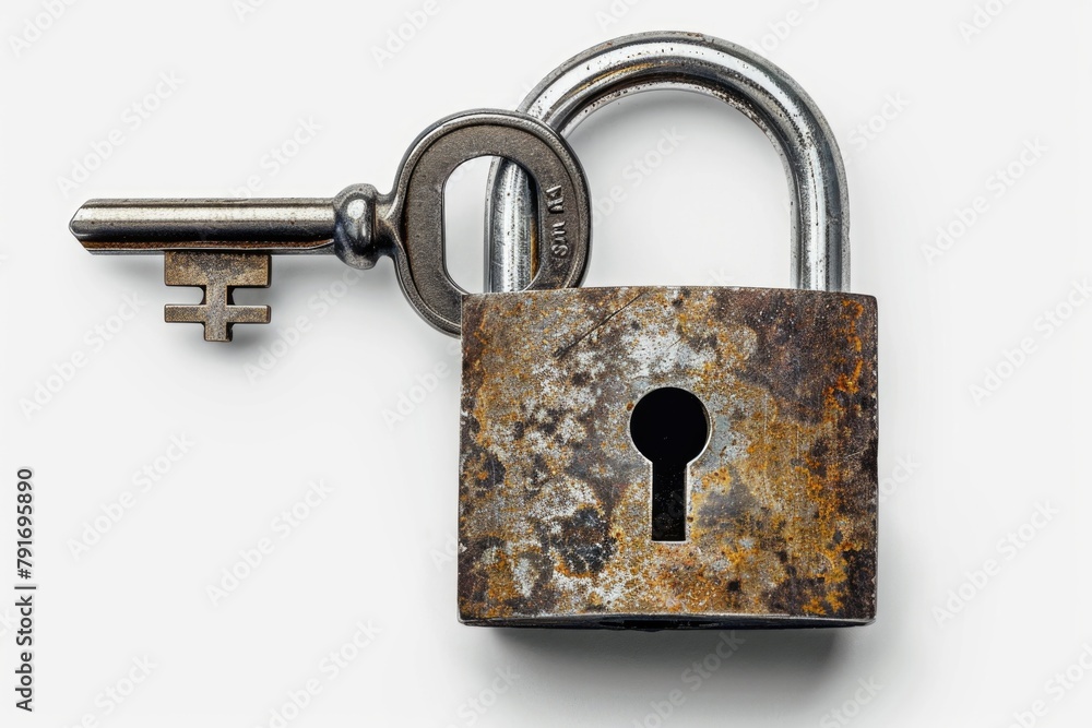 Poster an old padlock with a key attached. suitable for security concepts