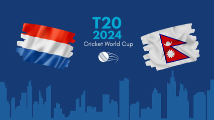 Netherlands vs Nepal flag, world map and building skyline use for t20 cricket world cup 2024 template banner design