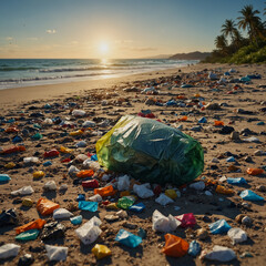 Garbage and plastic littered along the beach. Wastes Endangering Living Life. 