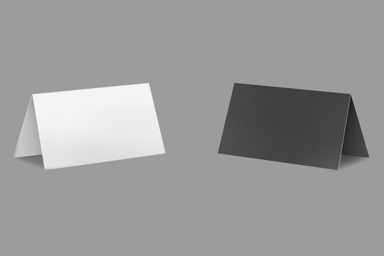 Blank black and white table card, table place tag, invitation or greeting card mockup template isolated over grey background. 3d rendering.