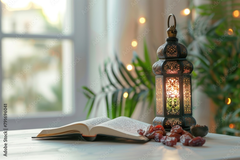Poster an open book on a table with a lamp, suitable for educational or reading concept