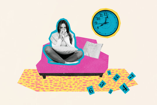 Composite collage picture image of female sit home cold medicament treatment cure flu fantasy billboard comics zine