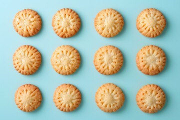Various cookies displayed on a blue background. Ideal for food and bakery concepts