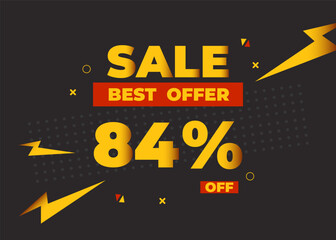 84% off sale best offer. Sale banner with eighty four percent of discount, coupon or voucher vector illustration. Yellow and red template for campaign or promotion.