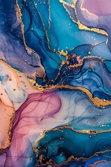  Abstract fluid art with blue and purple hues, accented by gold veins. Alcohol ink generated art. 