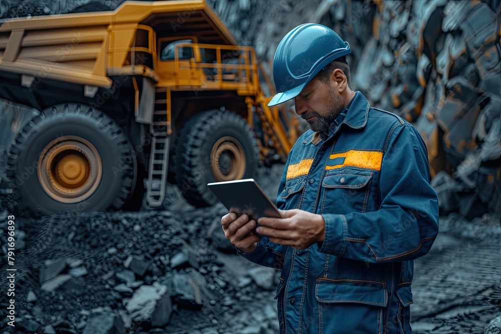 Poster a man in a blue jacket is looking at a tablet while standing next to a large truck. the scene sugges