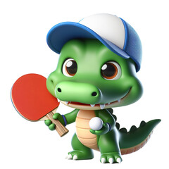 Naklejka premium Cute character 3D image of an alligator mascot wearing a baseball cap and playing ping pong white background