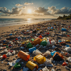 Garbage and plastic littered along the beach. Wastes Endangering Living Life. 