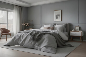Schlafzimmerdesign in sanften Grau- und Pastelltönen mit modernen Möbeln und stilvollen Accessoires