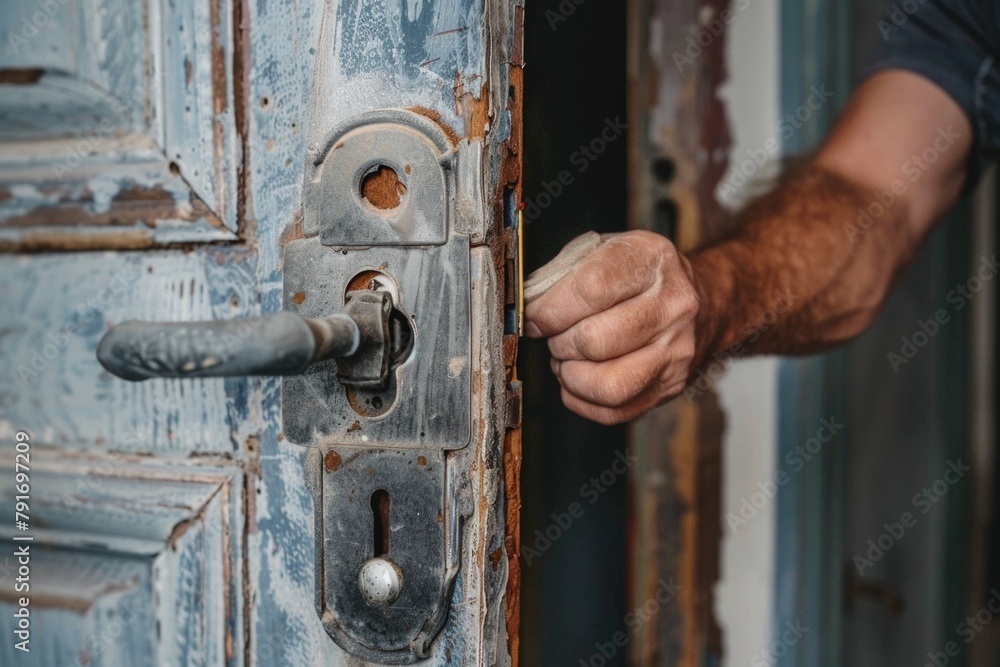 Poster man using key to open door, useful for security concepts