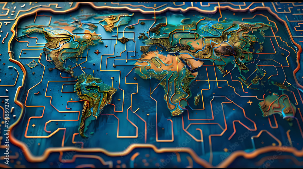 Poster an illustration of the world map combined with the maze pattern, showing the technology of global ne