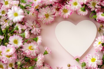 A heart-shaped paper surrounded by pink flowers. Ideal for romantic concepts and Valentine's Day designs
