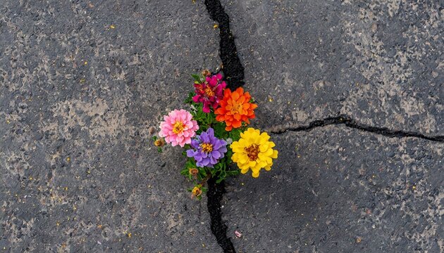 Beautiful colorful flowers growing out of the cracks in blacktop pavement. 