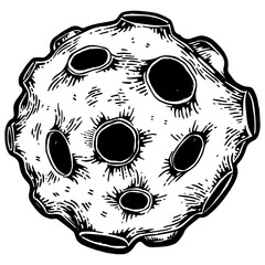 Asteroid meteorite planet with impact crater engraving PNG illustration. Scratch board style imitation. Black and white hand drawn image. © Oleksandr Pokusai