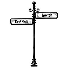 Old american urban road signpost pointer PNG illustration. Scratch board style imitation. Black and white hand drawn image. © Oleksandr Pokusai