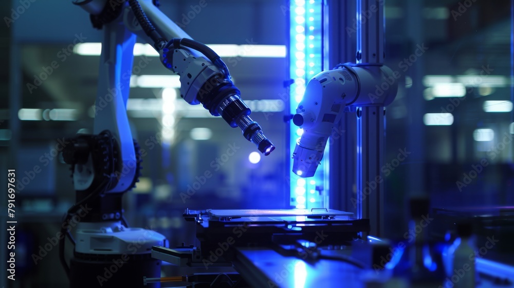 Poster industrial robotics arm in action at nighttime