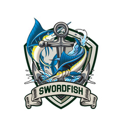 Vector Illustration of Swordfish, Anchors and Waves with Vintage Illustration Available for Tshirt Design