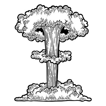 recommend clip art: Nuclear bomb explosion vintage engraving PNG illustration. Scratch board style imitation. Black and white hand drawn image.