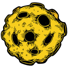 Asteroid meteorite planet with impact crater color sketch engraving PNG illustration. Scratch board style imitation. Black and white hand drawn image. © Oleksandr Pokusai