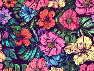 Floral pattern with pink, blue, and yellow flowers on black background
