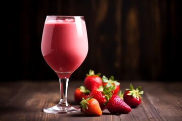 a glass of pink drink next to strawberries