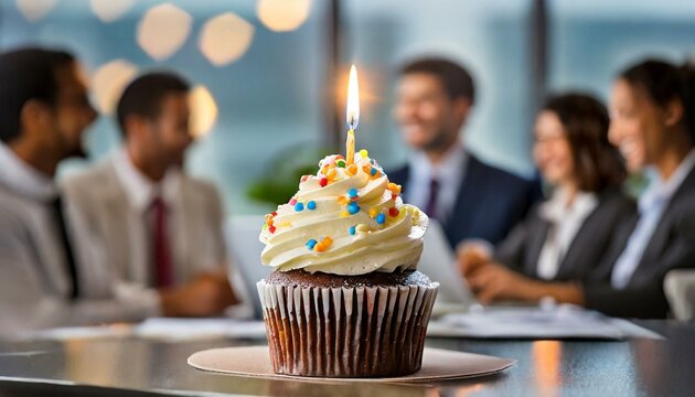 Business birthday party: cupcake with sprinkles and a candle in the foreground. Co-worker people in the background. 