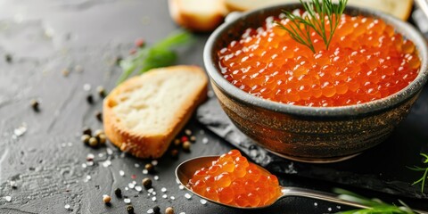 A bowl filled with red caviar next to bread. Perfect for food and gourmet concepts