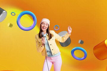 Photo of funky cute girl sing in karaoke dance wear cap jacket shirt trousers isolated on pastel pink color backgroun - Powered by Adobe