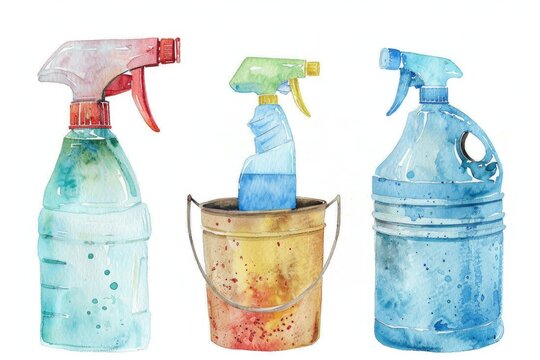 A painting of three spray bottles and a bucket. Ideal for household cleaning product advertisements