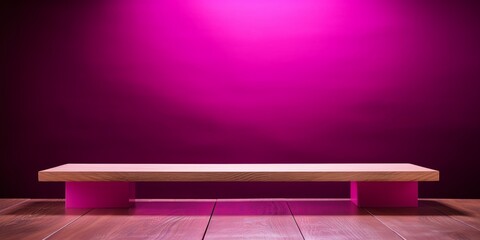 Magenta background with a wooden table, product display template. magenta background with a wood floor. Magenta and white photo of an empty room 