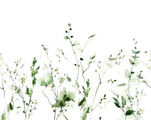 Watercolor painted meadow growing greenery seamless frame on white background. Green wild branches, leaves and twigs.